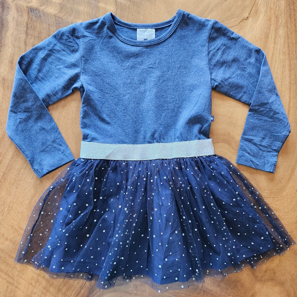Toobydoo New York Blue Long Sleeve Dress with Sparkle Polka Dot Tulle Skirt 4Y